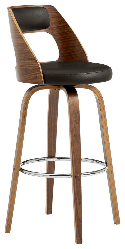 26" Retro Mod Brown Faux Leather and Walnut Swivel Counter Stool