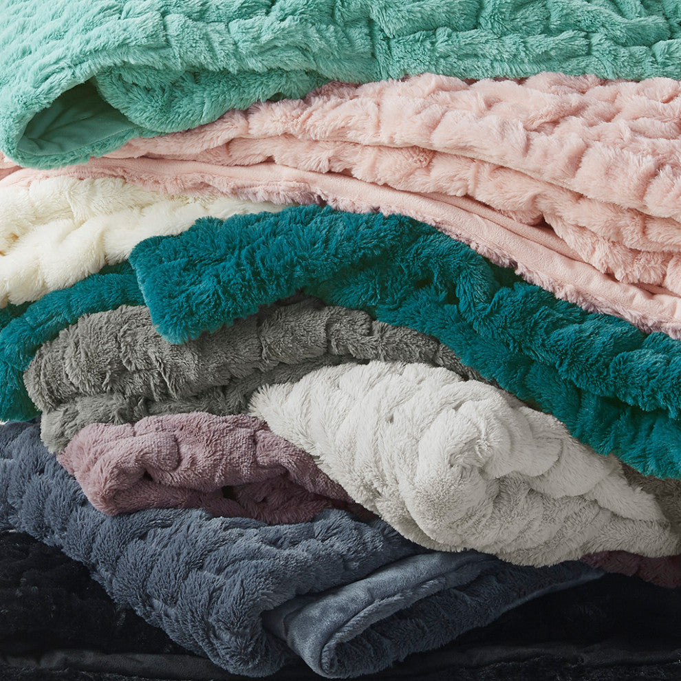 Madison Park Ruched Fur Throw, Aqua