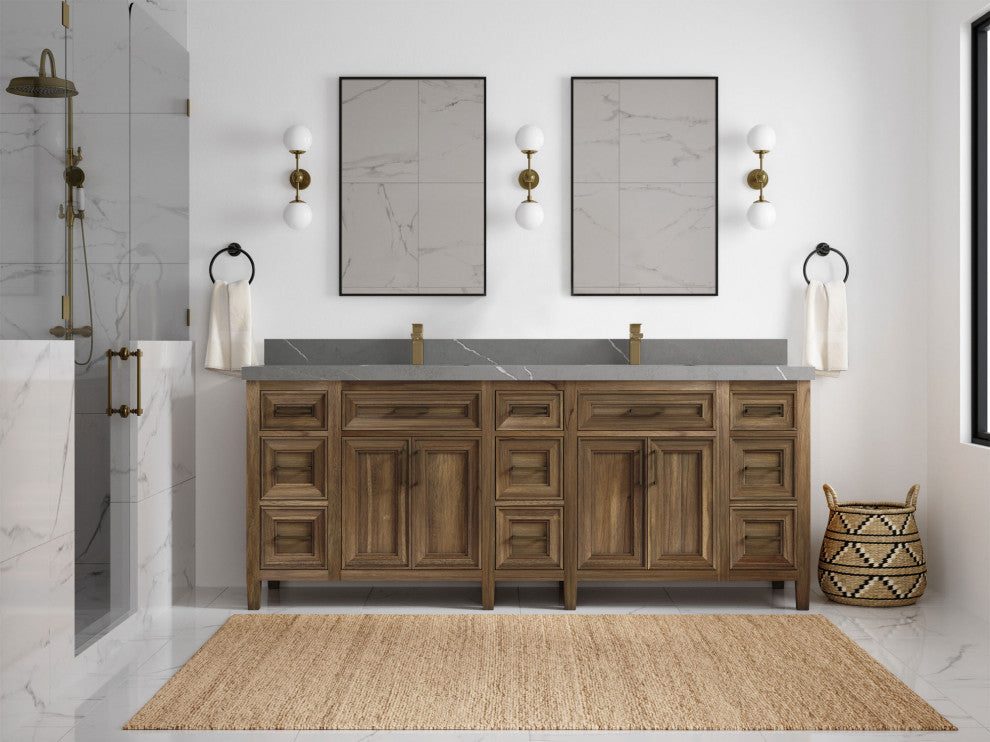 Santa Monica 84 Double Sink Bath Vanity in Graywashed Teak 2" Piatra Gray