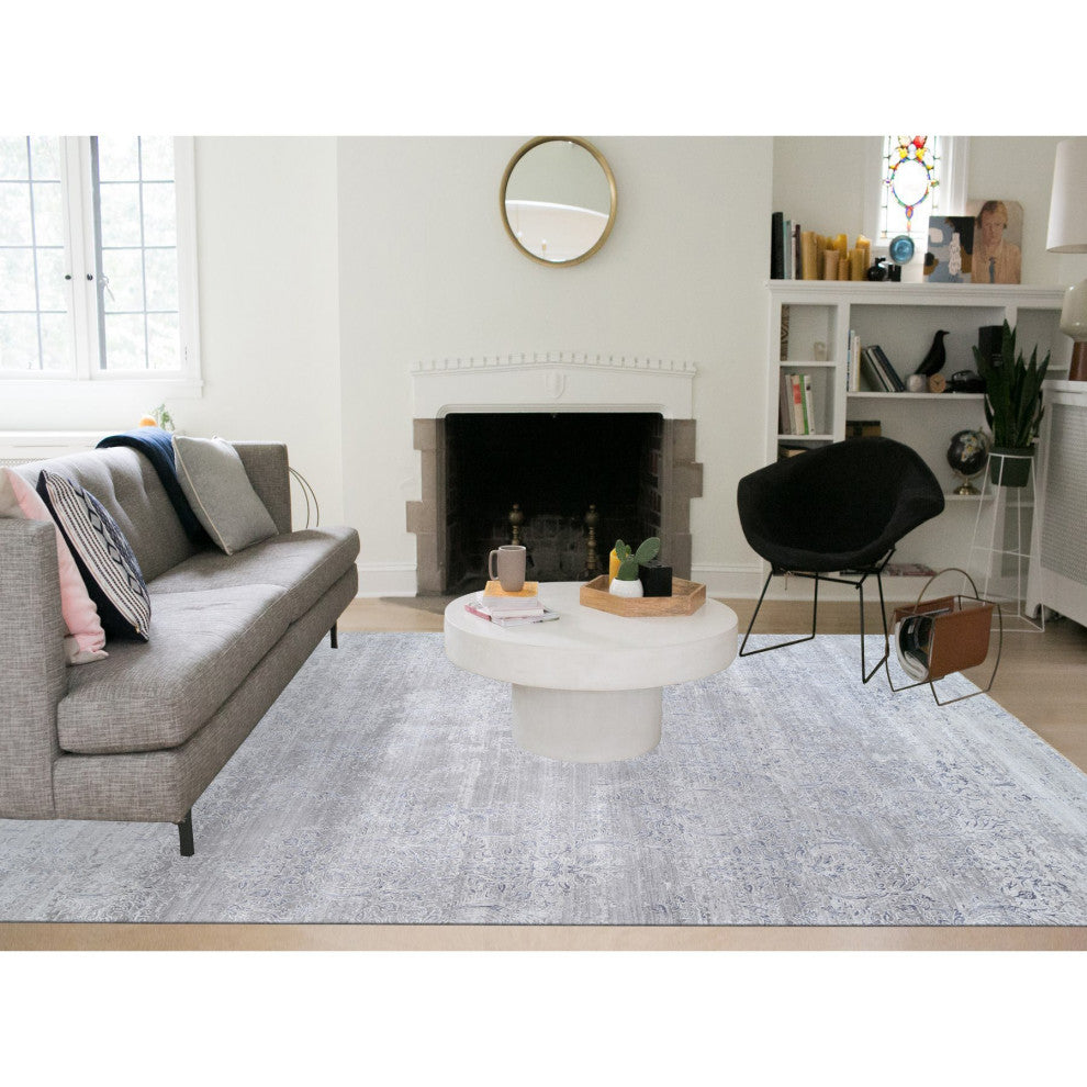 Ivory, Hand Knotted Damask Design, Wool and Plant Based Silk Rug, 10'0" x 13'10"