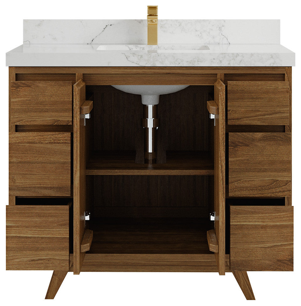 Madison Teak 42 Single Sink Bath Vanity in Dark Natural 2" Calacatta Nuvo