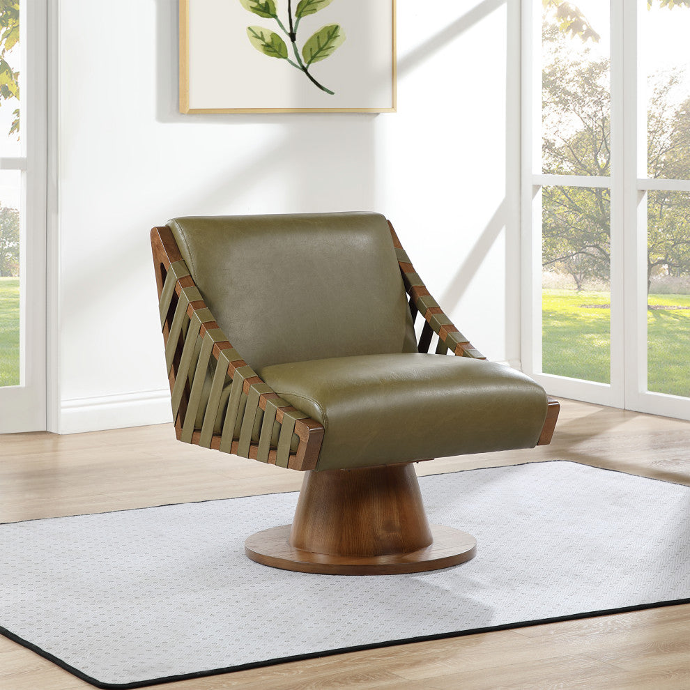 Millwin Upholstered Swivel Accent Chair, Olive, Vegan Leather, Walnut Finish