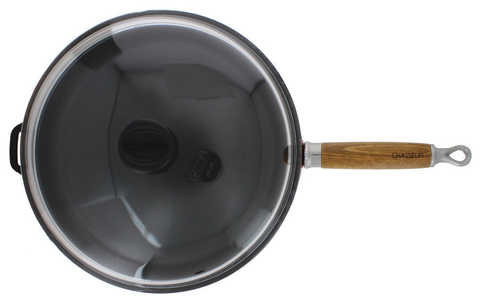 Chasseur 11" French Enameled Cast Iron Fry Pan With Wooden Handle Glass Lid, Red