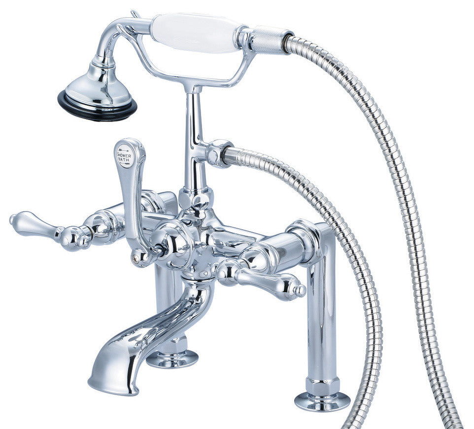 Vintage 7" Spread Deck Mount Tub Faucet w/6" Risers & Handshower, Lever handles