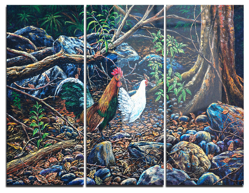 "Jungle Fowl in Forest" Digital Metal Wall Art, 3 Panels, 36"x28"