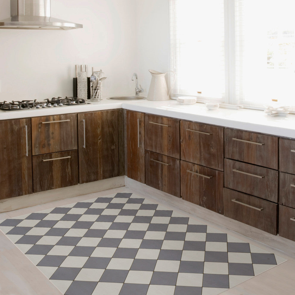 Joli Sol Checkers Slate and Light Gray Vinyl Mat, 48x72 Rectangle