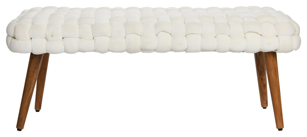 Wood and Woven Velvet Bench, Cream & Natural