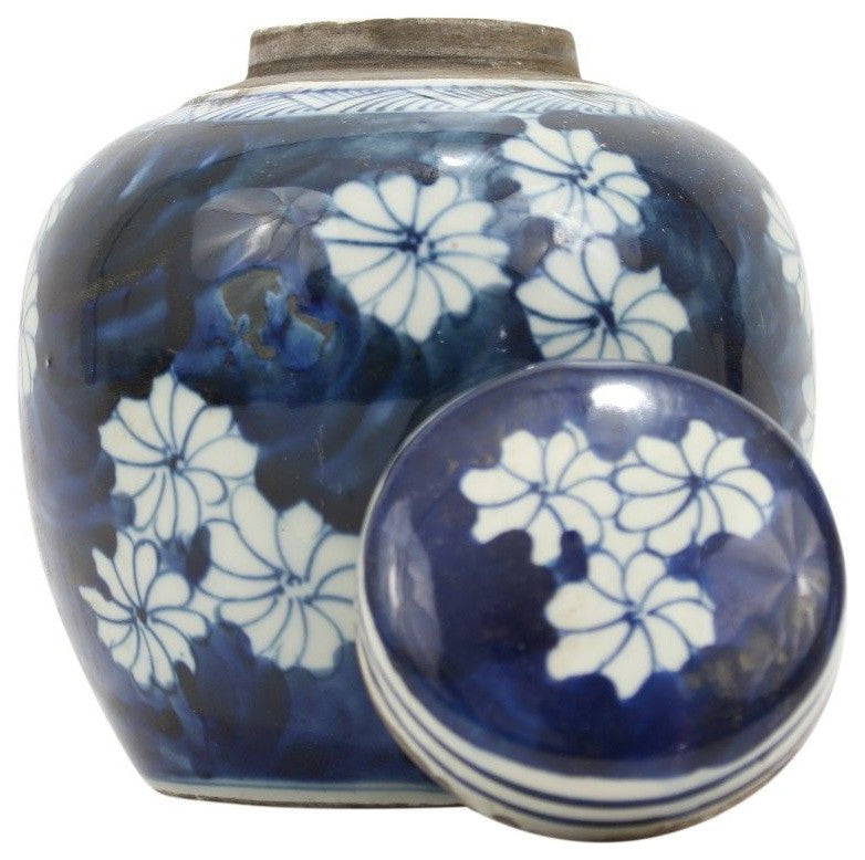 Reverse Blue and White Porcelain Bursting Floral Ginger Jar 6"