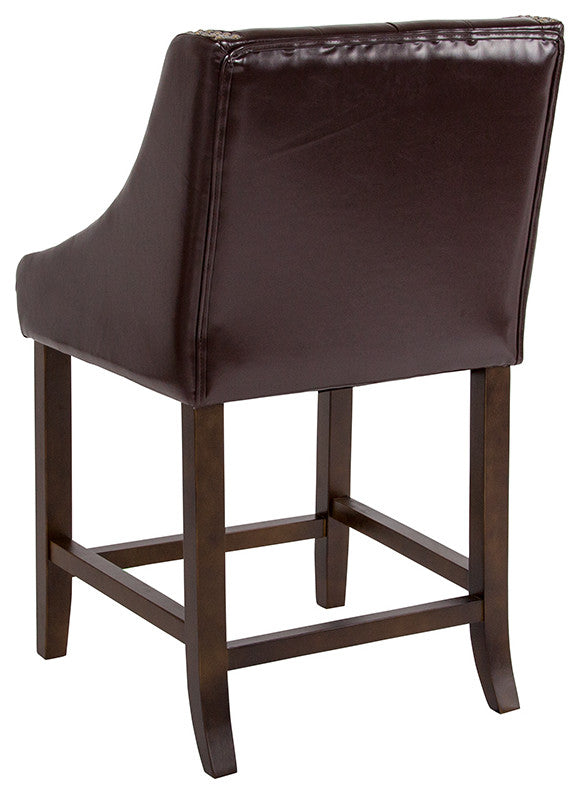 Tufted Walnut Counter Height Stool With Accent Nail Trim, Brown Leather