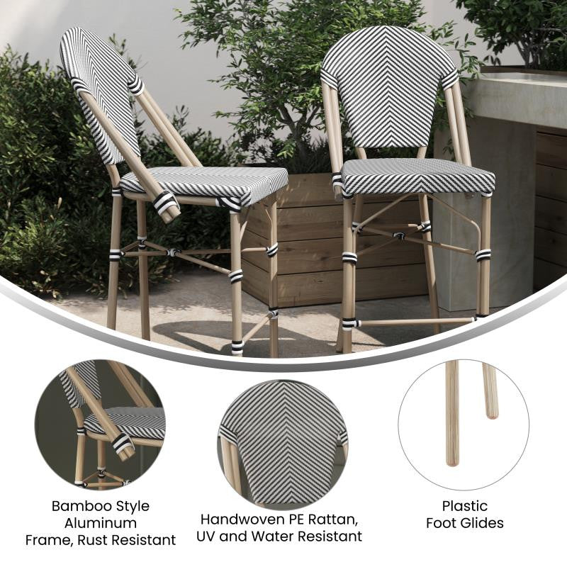 Marseille Stackable Indoor/Outdoor Bistro 26" High Barstool, Commercial Grade, Black & White/Light Natural Frame