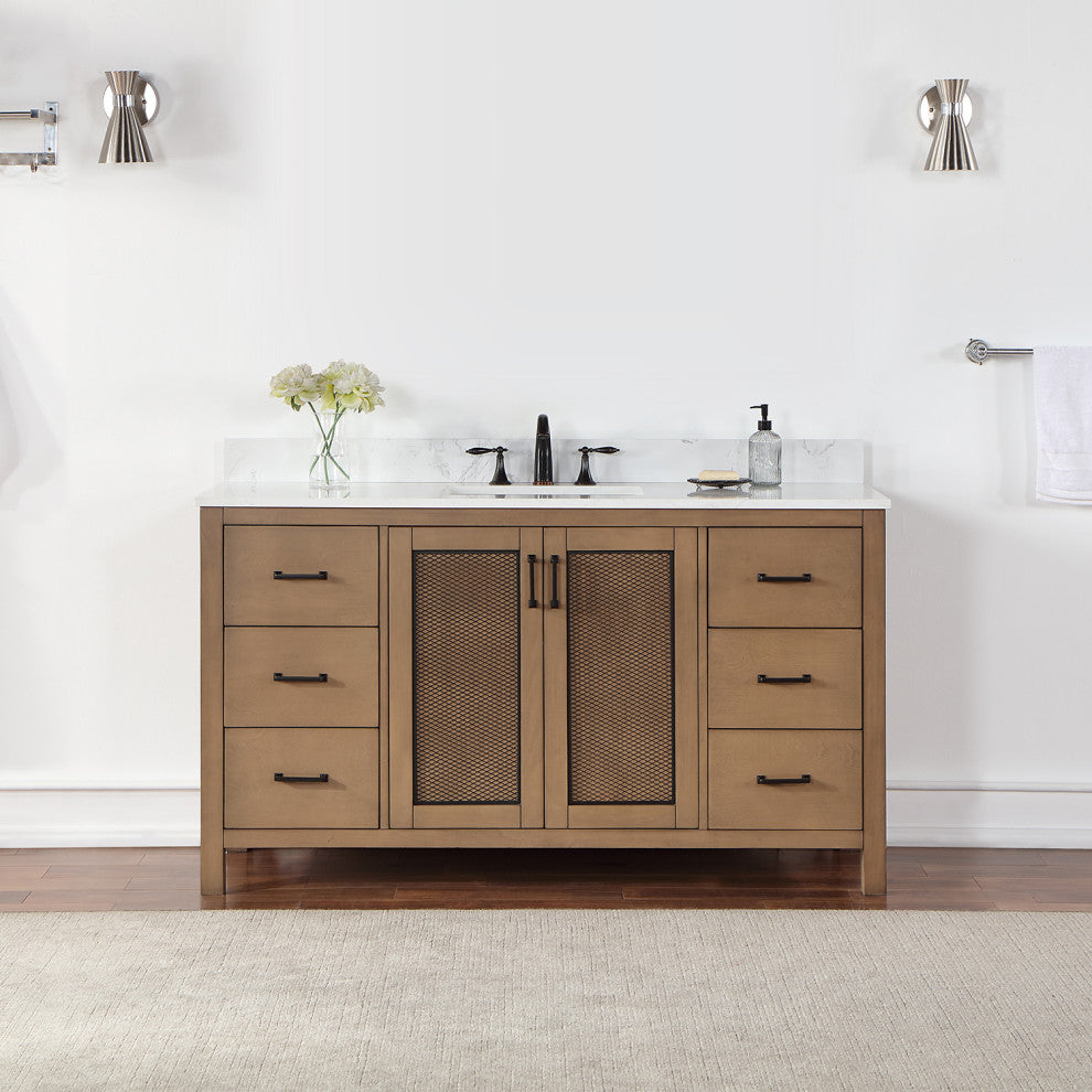 Hadiya Brown Pine Bathroom Vanity Set, 60s", Without Mirror