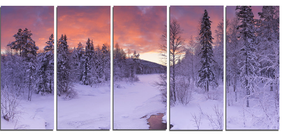 Finnish Lapland Trees in Winter, Landscape Canvas Art Print, 60"x28", 5 Panels