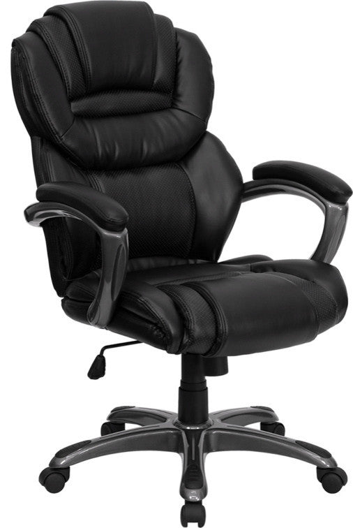 High Back Leather Executive Swivel Office Chair WithLeather Loop Arms, Black