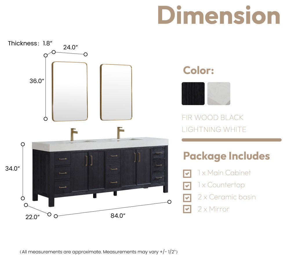 Leon Bath Vanity With Composite Stone Top, Fir Wood Black, 84", With Mirror