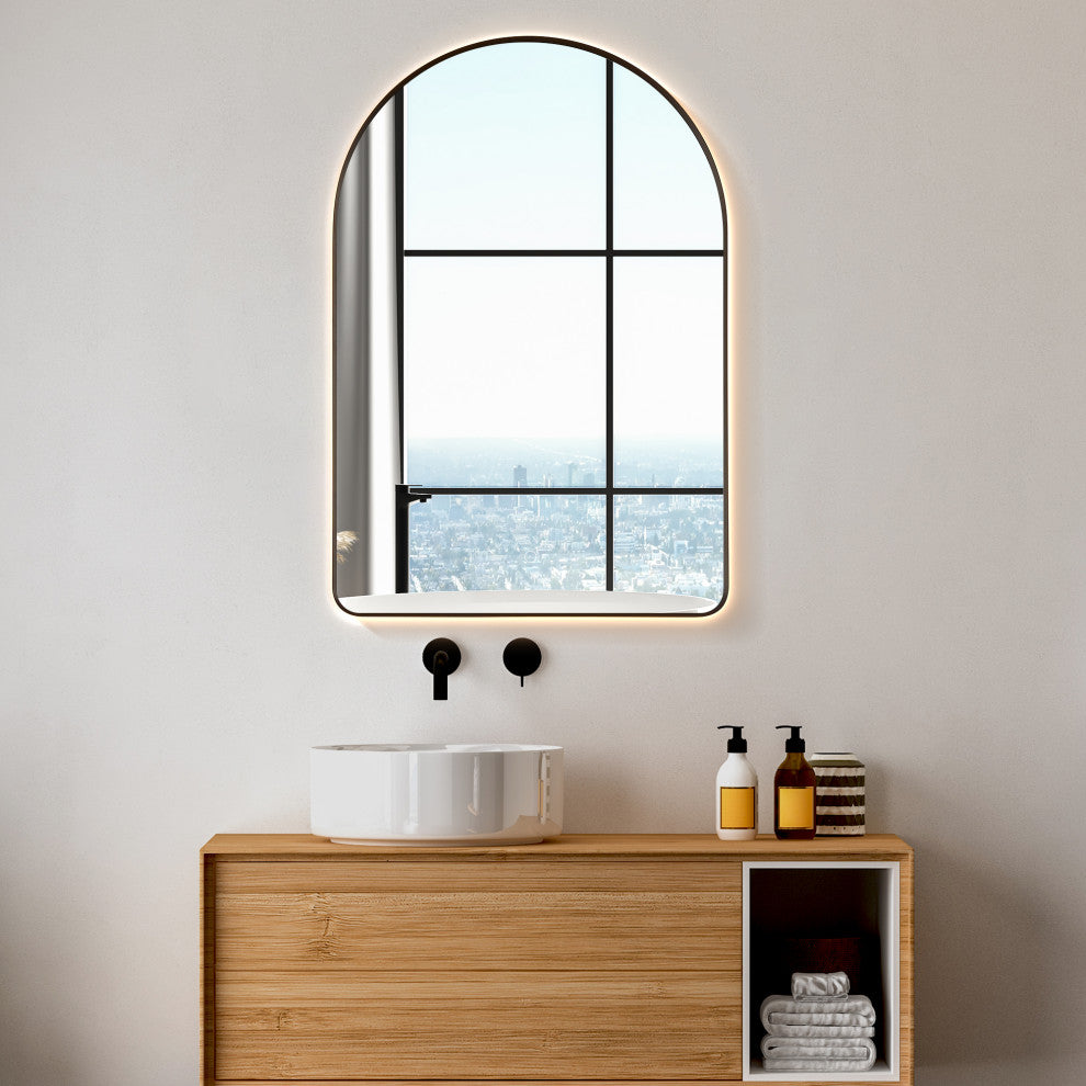 Starlit Domed Bathroom/Vanity LED Wall Mirror, Matte Black, 24"