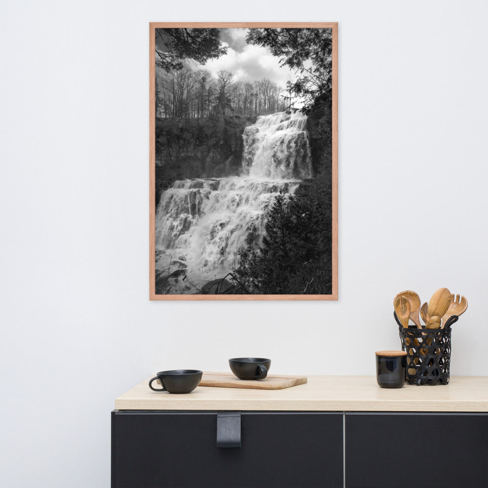 Chittenango Waterfall in Black and White Framed Photo Paper Wall Art Prints, Red Oak, 24" X 36"