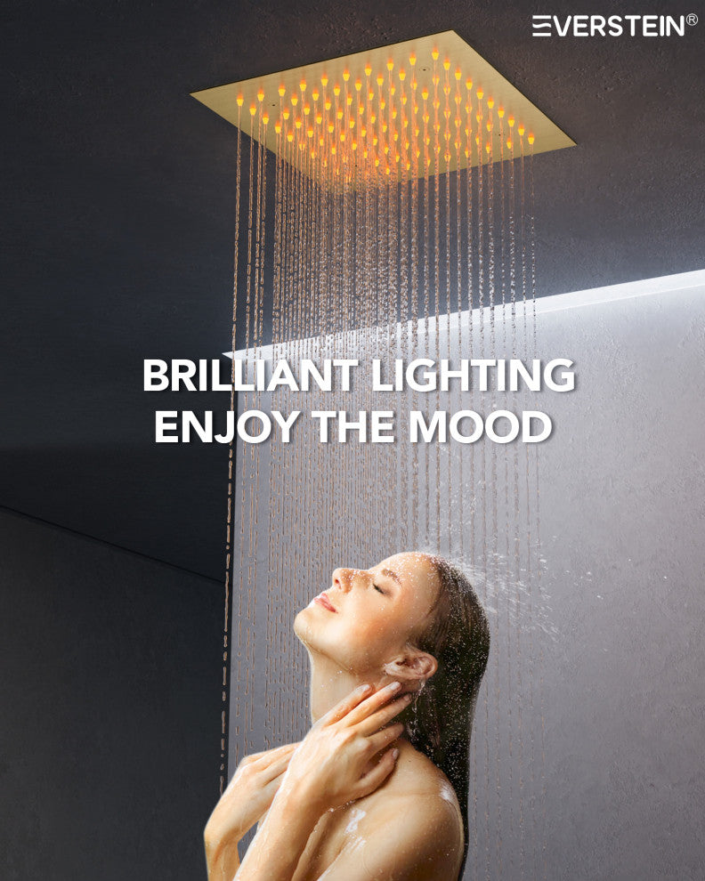 LED Dual Heads 12" Rain Shower System With Thermostatic 3-Way Faucet, Brushed Gold