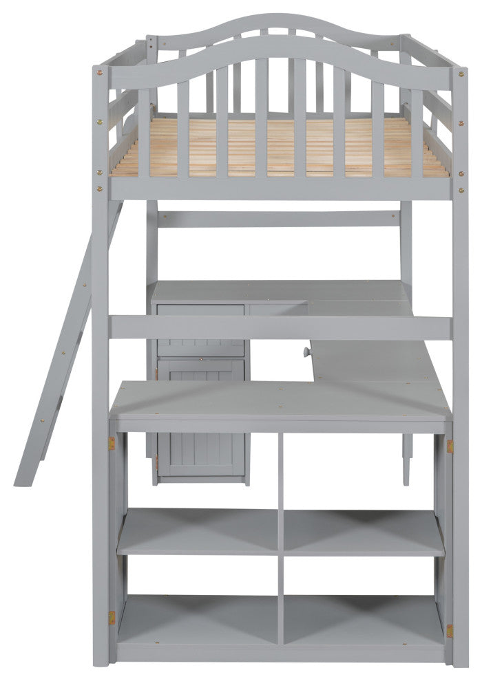 Gewnee Wood Twin Loft Bed with Drawers, Shelves and Desk in Gray
