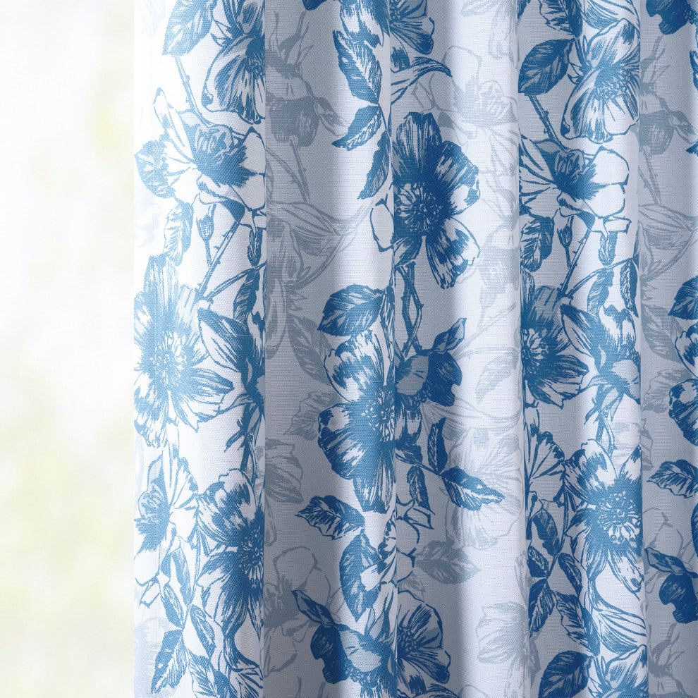 Blue Poppy Printed Linen Textured Room Darkening Curtain Single Panel, 50"x108"