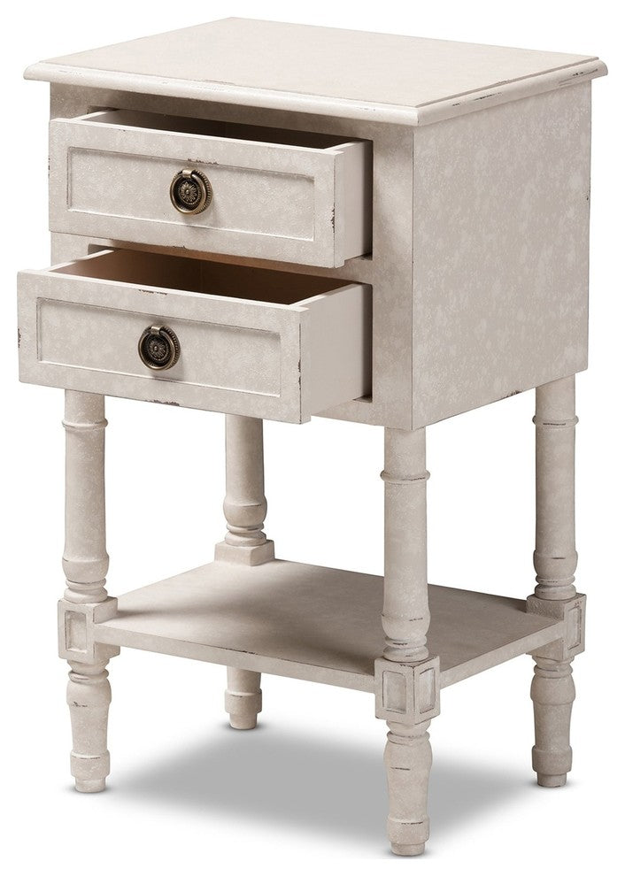 Lenore Country Cottage Farmhouse Whitewashed 2-Drawer Nightstand