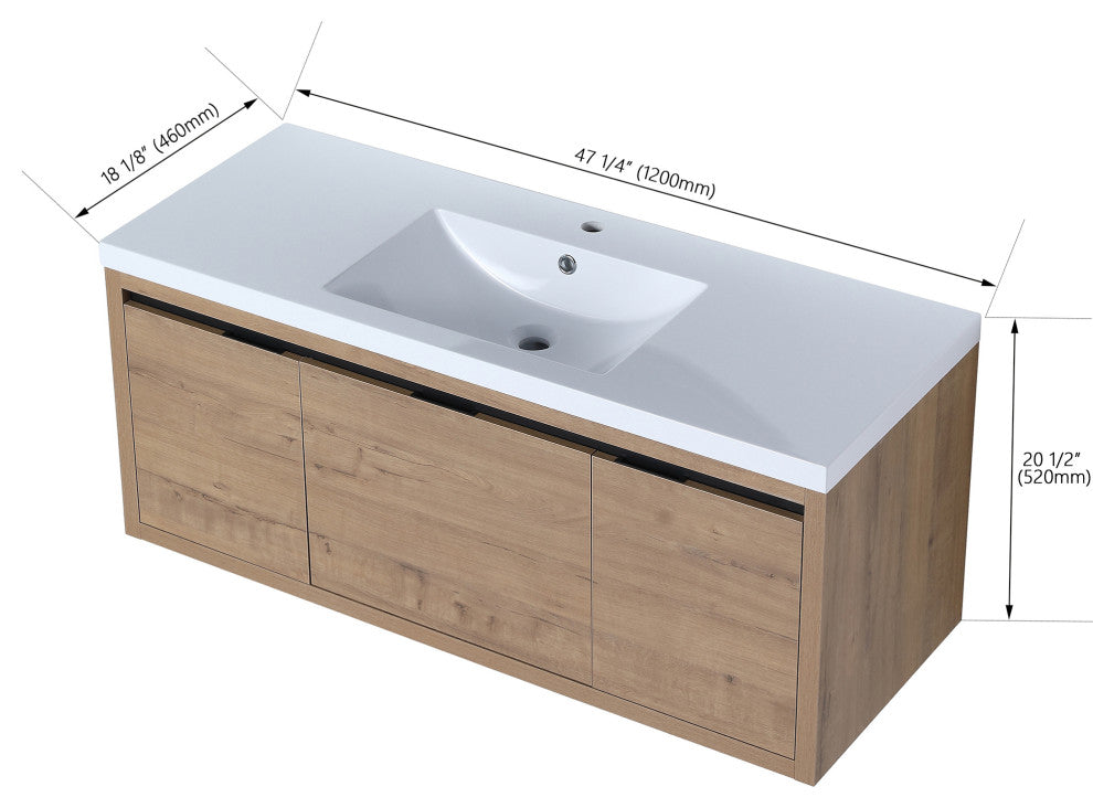 Bathroom Vanity With White Resin Top and Basin, Imitative Oak, 48x18
