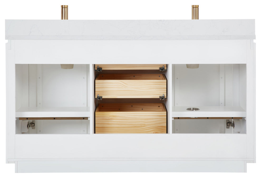 San Bath Vanity with Stone Top, White, 60" Double Sink, Double Vanity, No Mirror