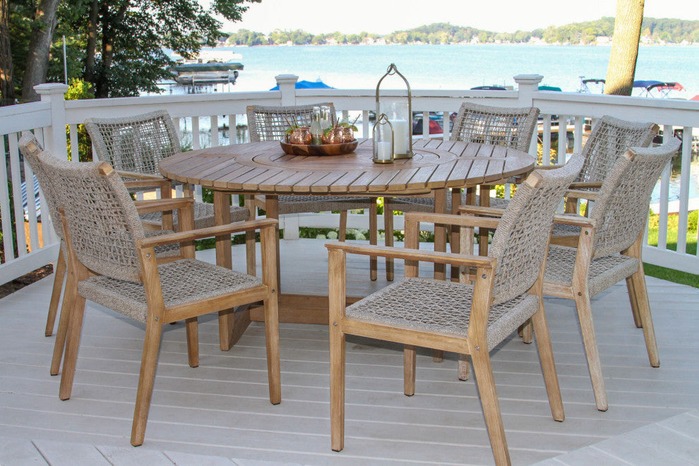 8 Person Antique Wash Lazy Susan Table With Wheat Rope Chairs