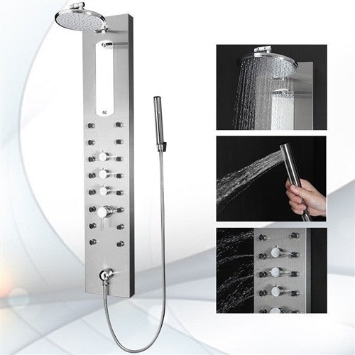 Reno Stainless Steel Shower Panel, Massage Jets, Handheld Shower