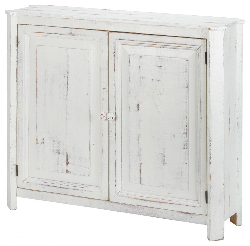 Distressed White Wooden Two Door Accent Cabinet