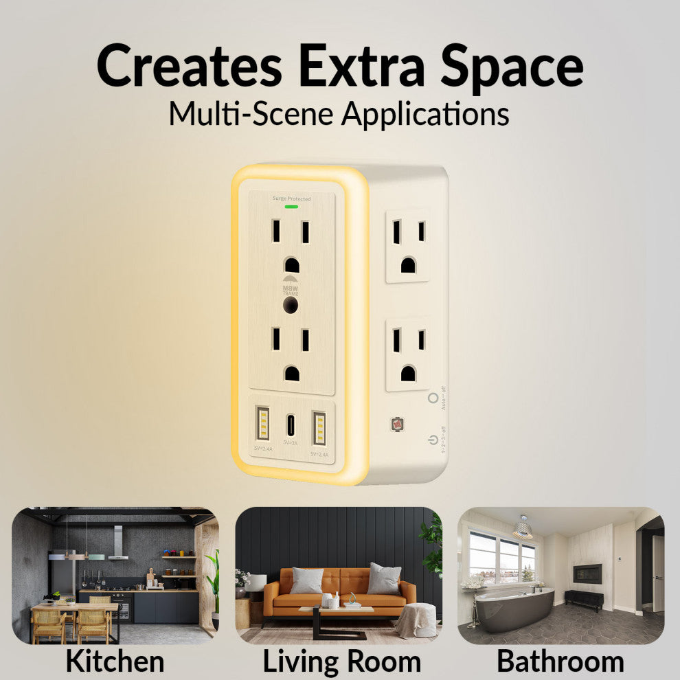 Multi Plug Outlet, 6-Outlet Extender With 2 USB Charging Ports, 2 Pack