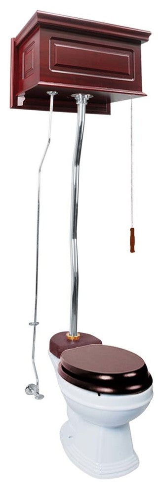High Tank Toilets White Raised Panel Cherry Finish Elongated Z-Pipe, White, Silver, Cherry
