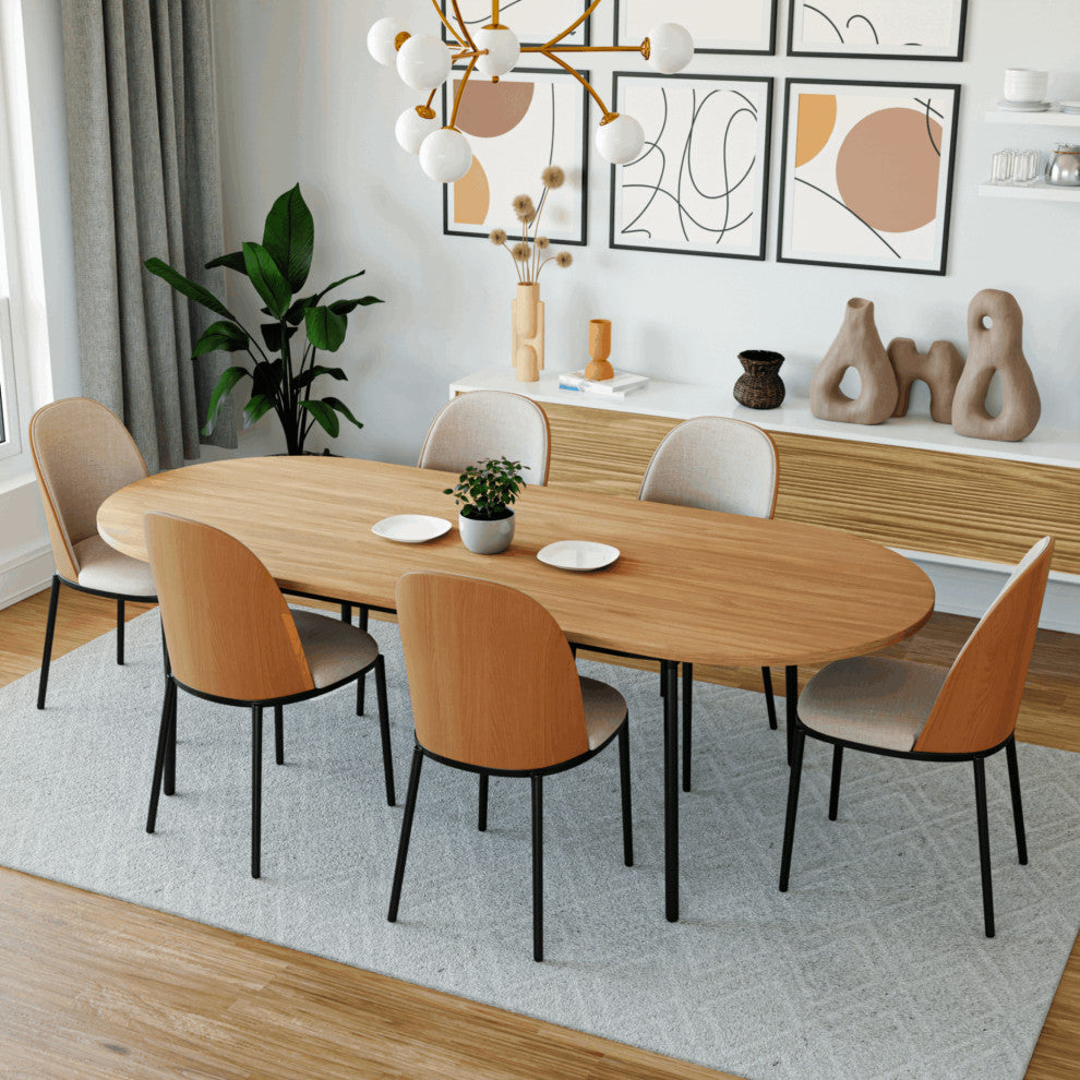LeisureMod Tule 83" Oval Dining Table With MDF Top and Steel Legs, Natural Wood