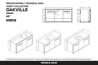 Oakville Wall Mount Bathroom Vanity, Mild Grey Oak, 48", Chrome Hardware