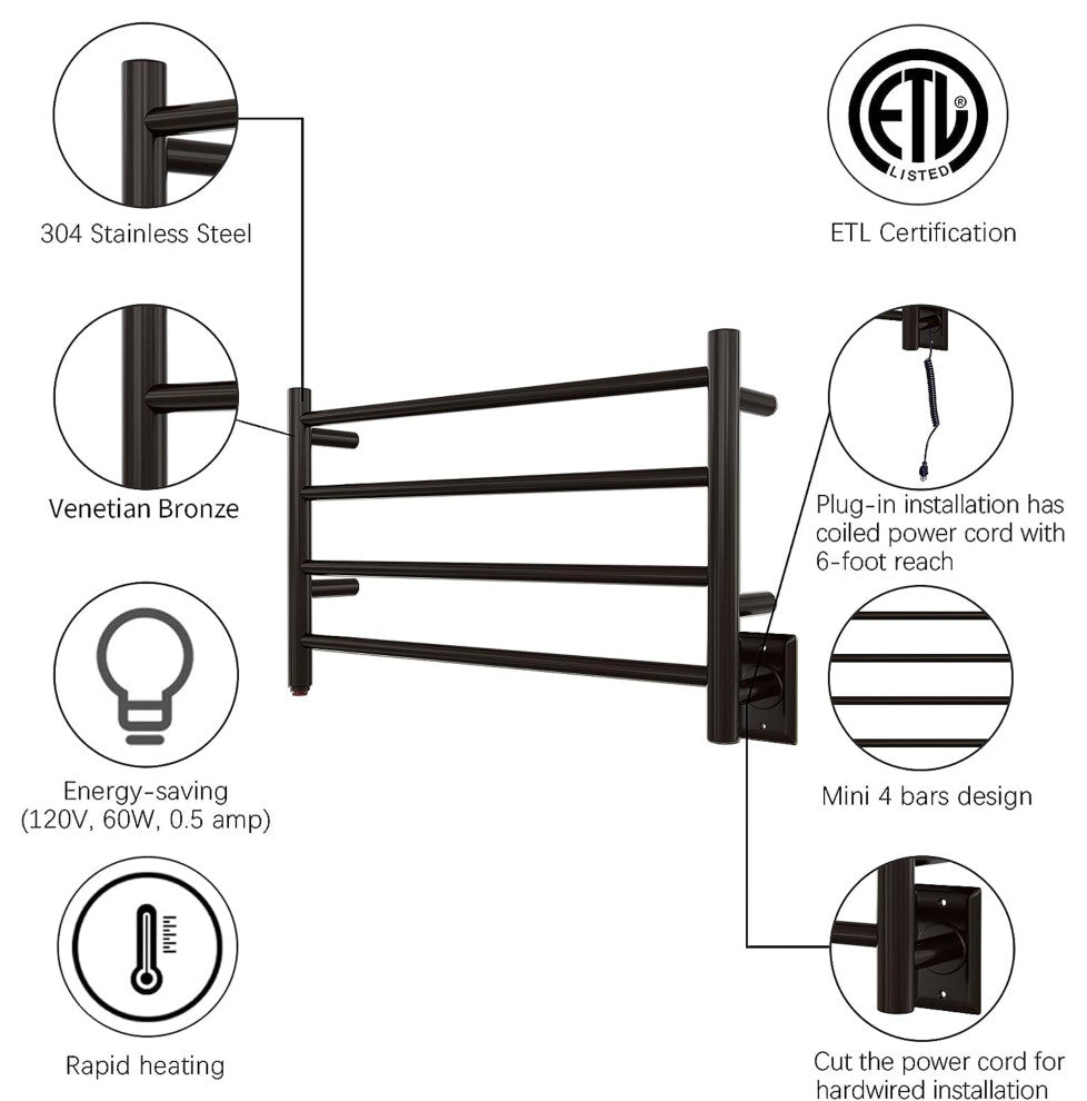 HEATGENE 4 Bar Wall-Mounted Plug-in / Hard-wiring Towel Warmer, Venetian Bronze