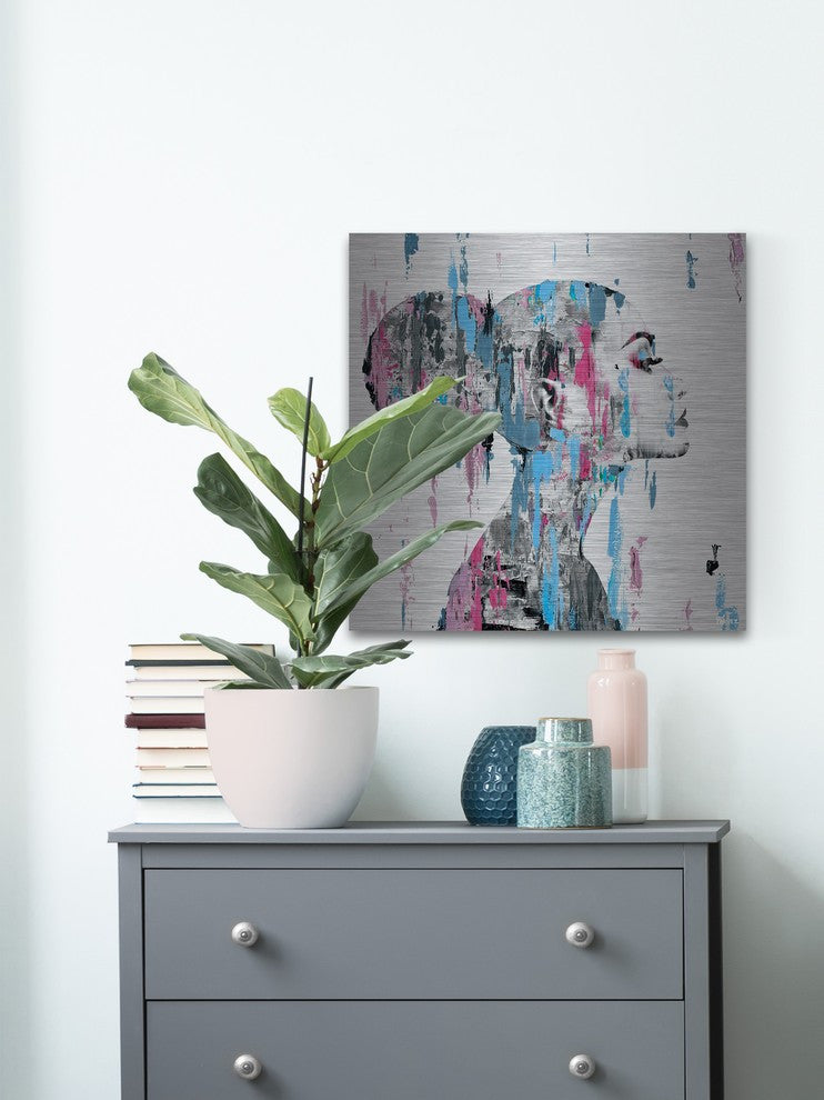 "Pink Blue Face Smudges" Painting Print on Brushed Aluminum, 48"x48"