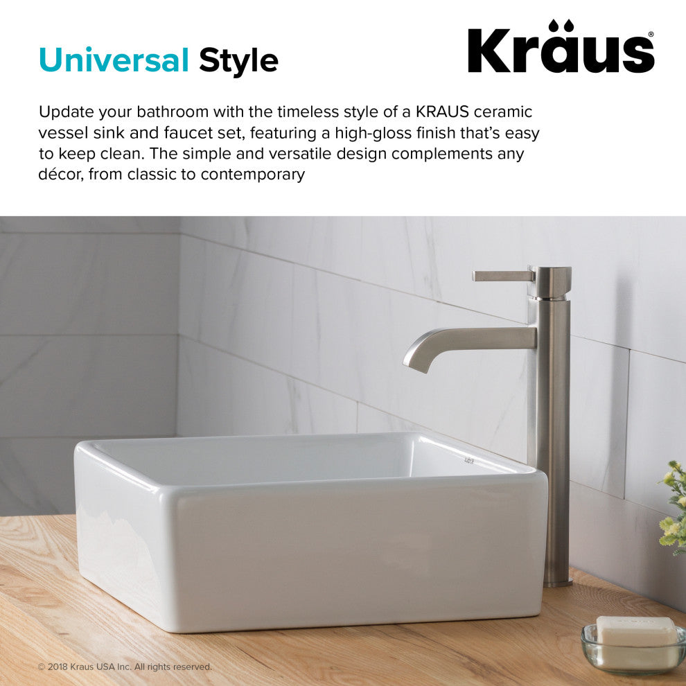 Elavo Square Ceramic Vessel Sink, Bathroom Ramus Faucet, PU Drain, Nickel
