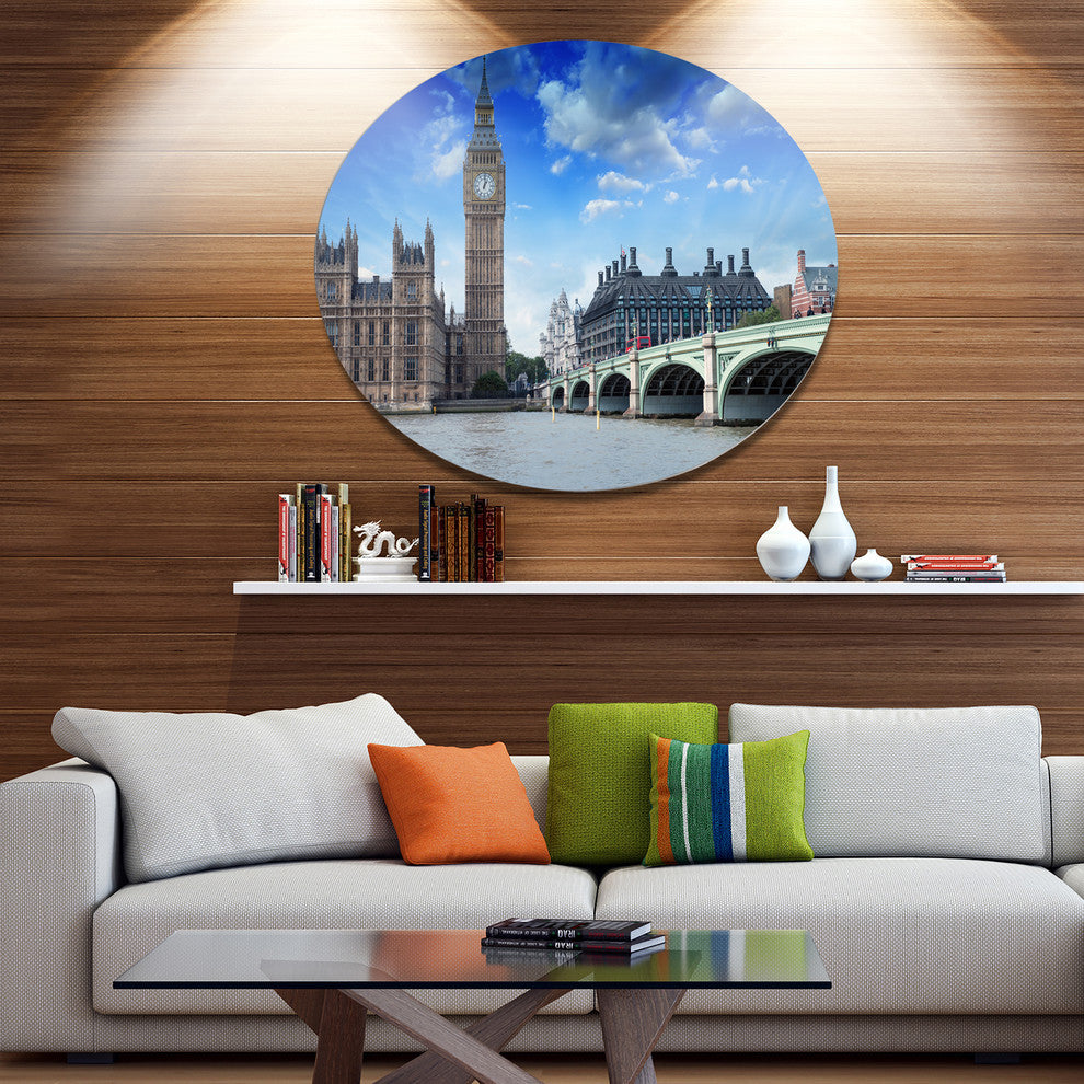 Houses Of Parliament And Westminster Bridge, Round Metal Wall Art, 23"