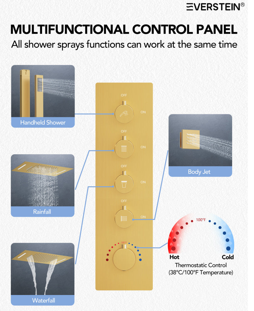 LED Thermostatic Shower System Rain Shower Head With 6 Body Jets, Brushed Gold, 23"x15", Slide Bar