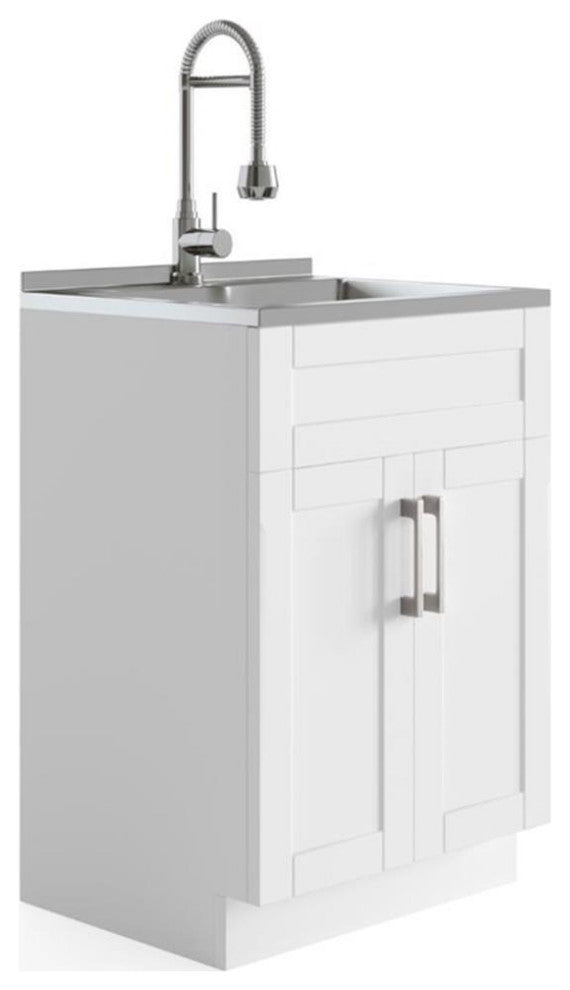Deluxe 24 Inch Laundry Cabinet With Faucet & Stainless Steel Sink, Pure White