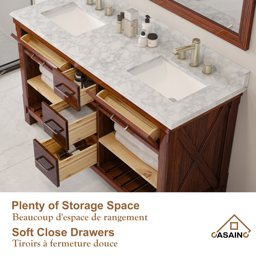 Freestanding Bath Vanity in Brown with White Carrara Marble Top, 60in