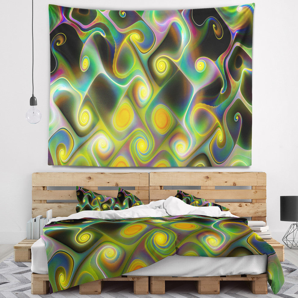 Yellow Fractal Pattern with Swirls Abstract Wall Tapestry, 80"x68"
