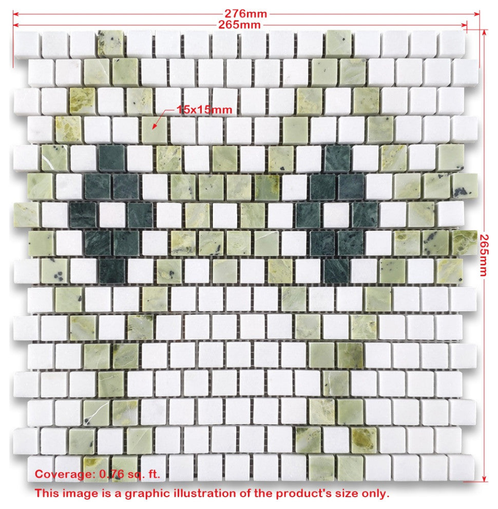 Thassos White Marble Square Diamond Mosaic Tile w/ Green Marble Honed, 1 sheet