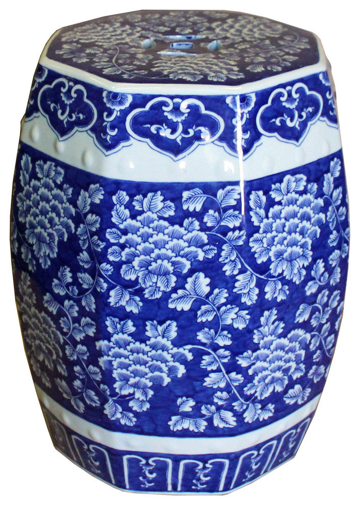 Chinese Blue and White Porcelain Floral Theme Octagon Stool Table Hcs4348
