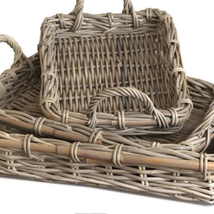Set of 3 Rattan Cane Serving Trays Woven Gray Nesting 25 in with Handles