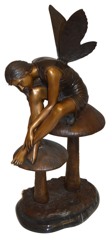 Fairy Sitting On Mushrooms Bronze Statue -  Size: 12"L x 9"W x 24"H.
