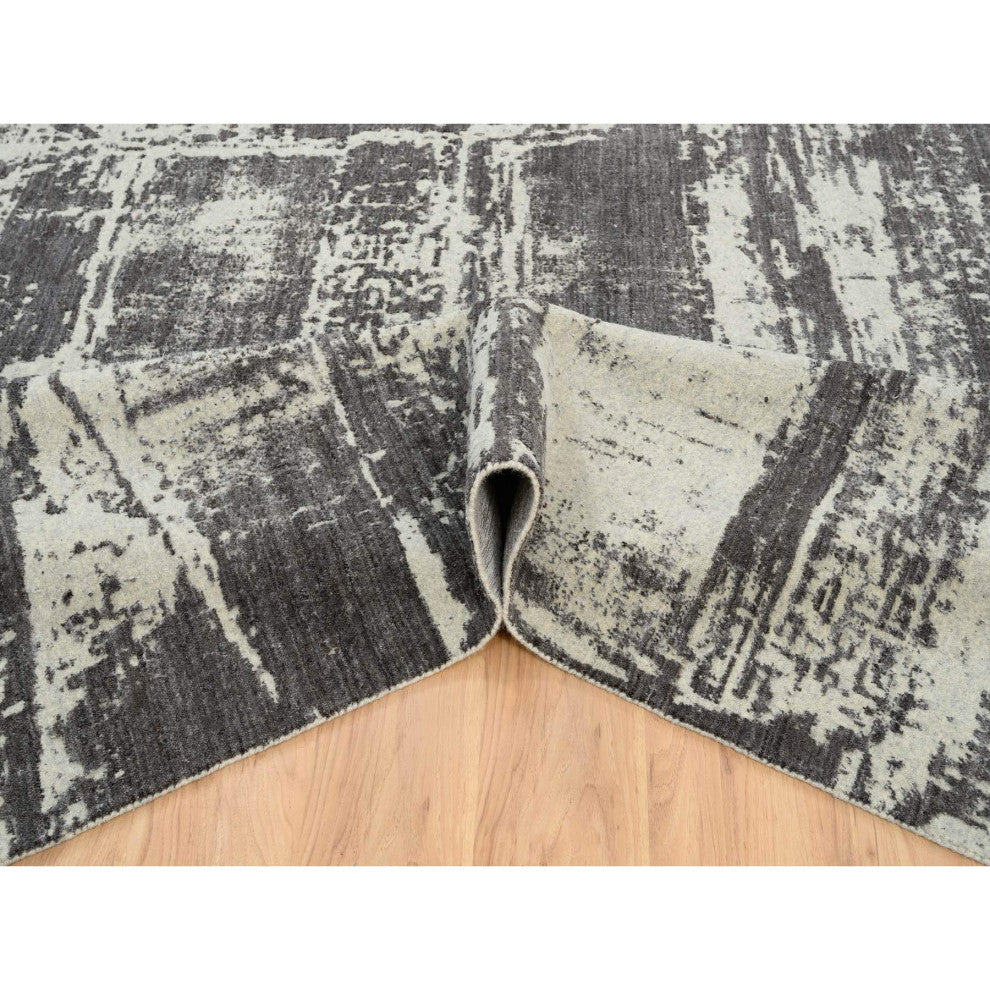 Black, Modern Design, Wool and Silk, Hand Loomed, Oversized, Rug, 12'0" x 15'0"