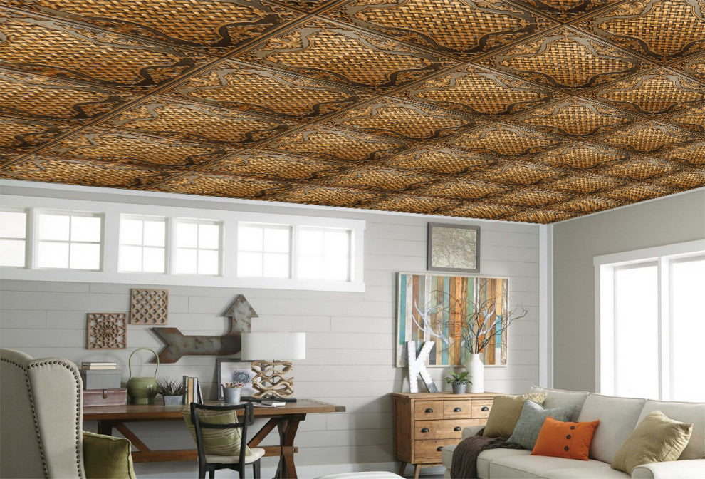 Antique Gold 3D Ceiling Panels, 2'x2', 40 Sq Ft, Pack of 10