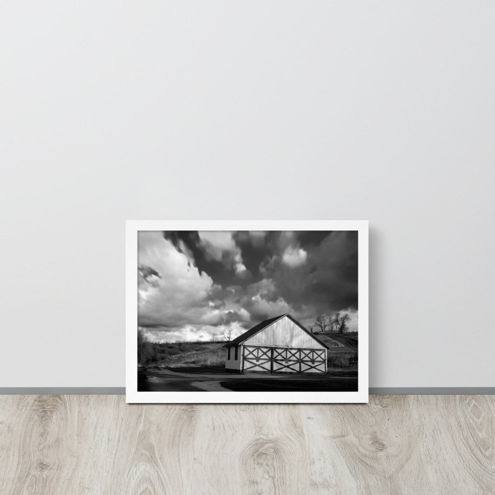Aging Barn Morning Sun in Black and White Framed Photo Paper Wall Art Prints, White, 12" X 16"