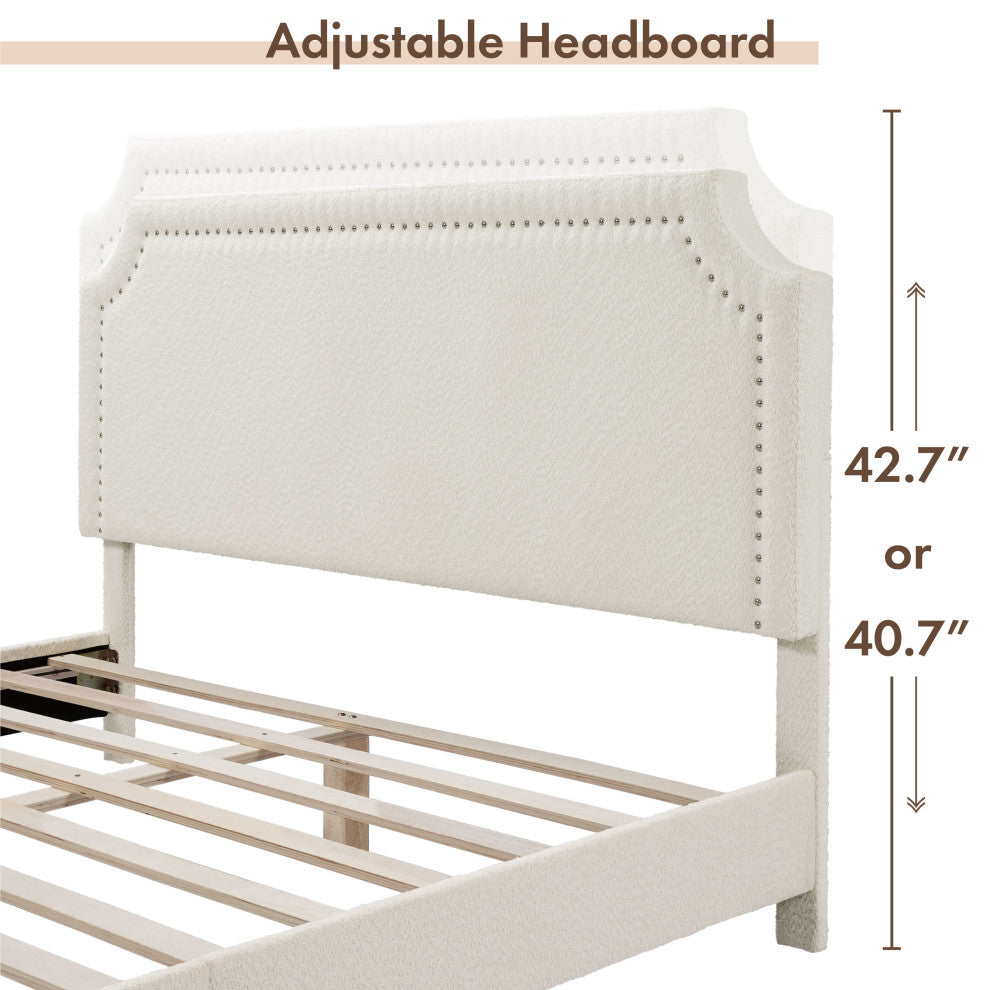Miles White Boucle Upholstered Wood Frame Platform Bed, Queen, Naihead Trim