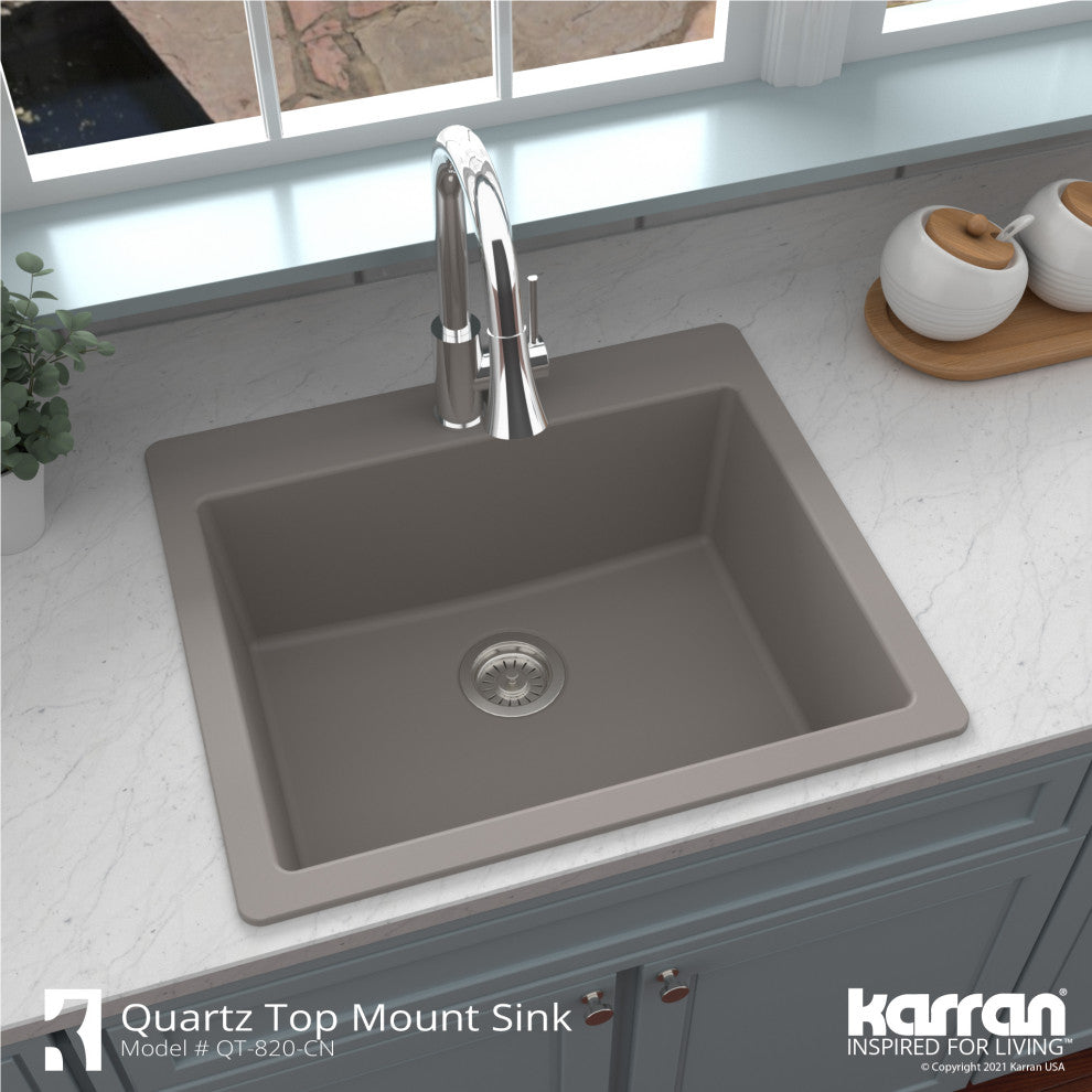 Karran QT-820 Top Mount 25" Single Bowl Quartz Kitchen Sink, Concrete